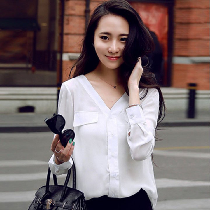 Áo kiểu chất chiffon cổ chữ V Thanh Lịch - Hàng Thiết Kế Áo Kiểu Chất Chiffon Cổ Chữ V Thanh Lịch - Hàng Thiết Kế
