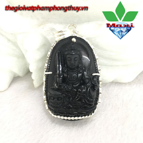 Mặt Phật Bản Mệnh Văn Thù Bồ Tát Obsidian Đen Bọc Bạc