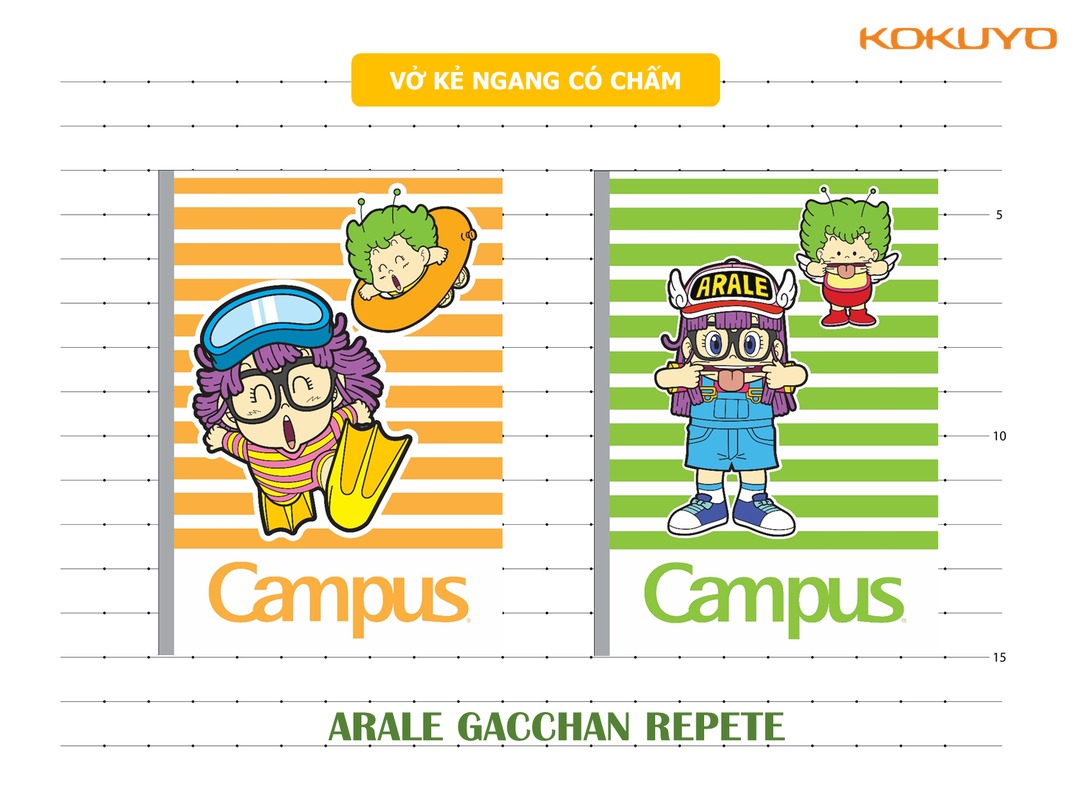 Vở Arale Gacchan-Repete 80 trang, khổ B5, định lượng 70g/m2, 10 quyển/gói, 120 quyển/ thùng