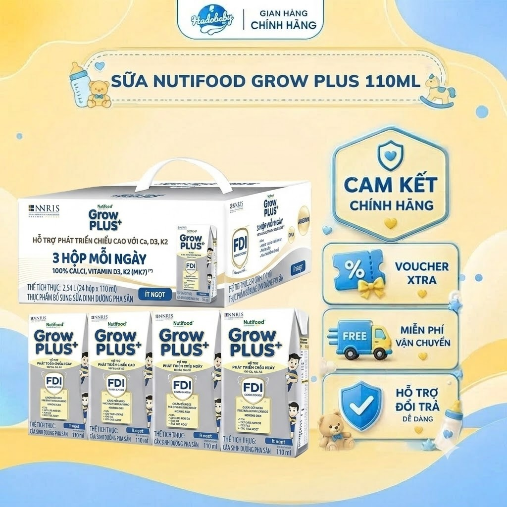 Sữa Bột Pha Sẵn Nutifood GrowPLUS+ Cao Lớn Vượt Trội 1+ thùng 110ml x 24 hộp