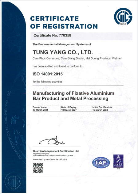 NHÀ MÁY SẢN XUẤT NHÔM RICCO TUNG YANG ĐẠT CHỨNG NHẬN ISO 14001:2015  VỀ HỆ THỐNG QUẢN LÝ MÔI TRƯỜNG