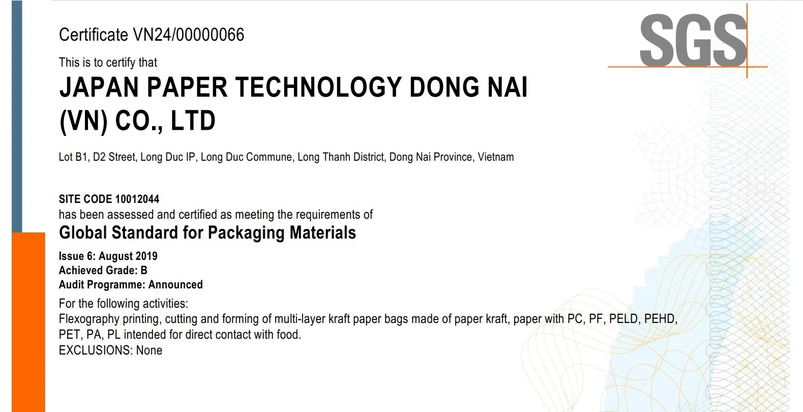 BRC Certificated of JPT-DN