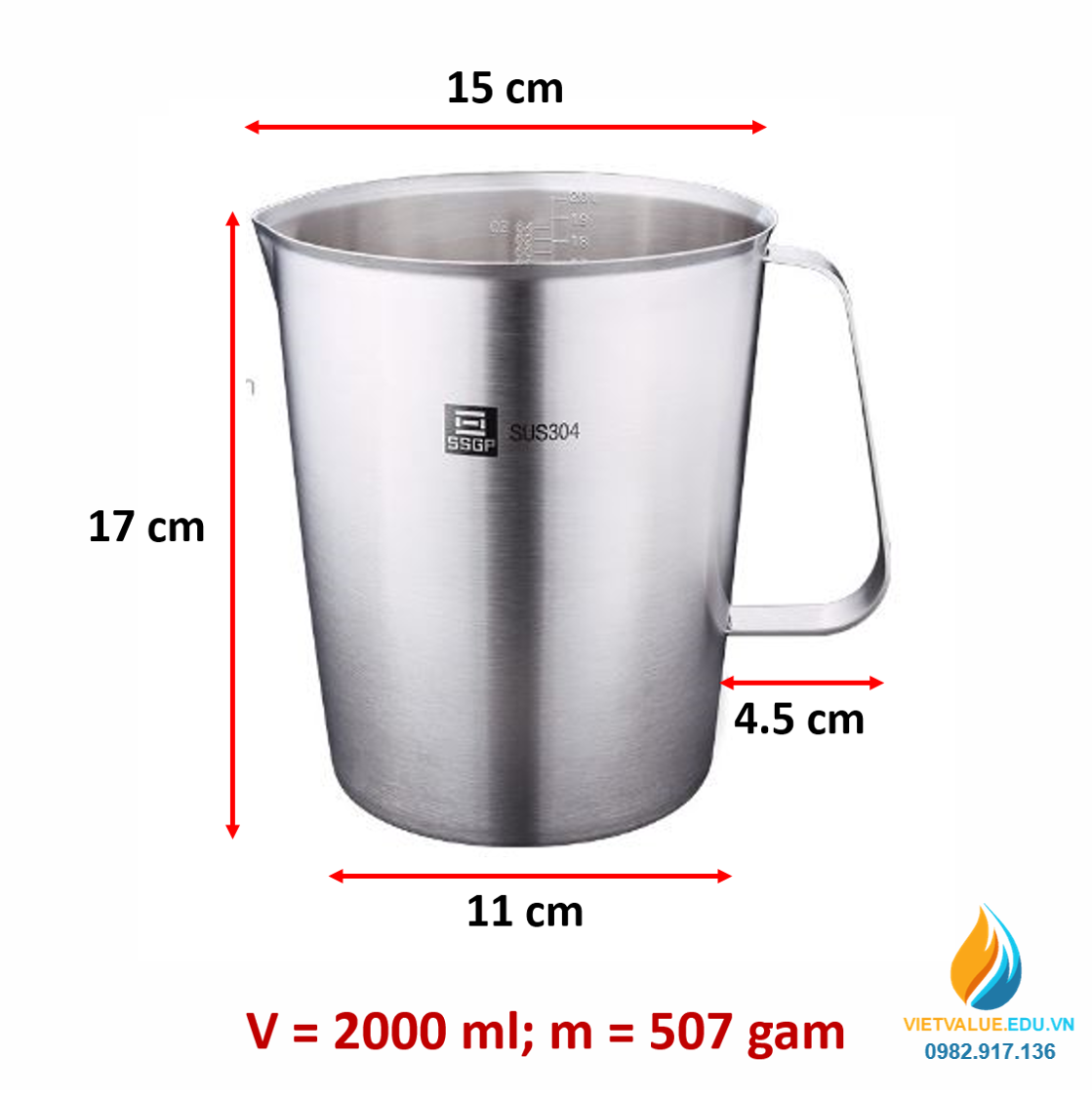 Ca inox 304 có chia vạch, có tay cầm, có mỏ, dung tích 2000ml