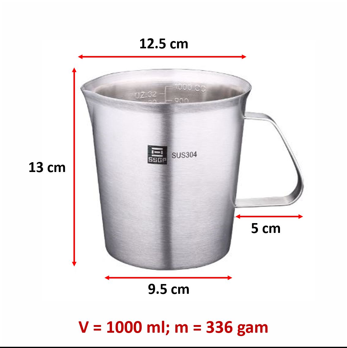 Ca inox 304 có chia vạch, có tay cầm, có mỏ, dung tích 1000ml VIETVALUE