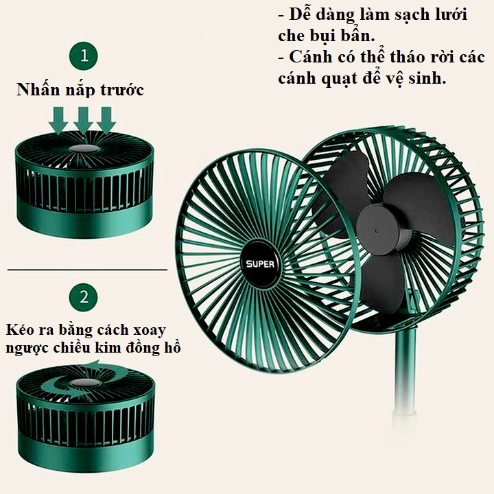 Quạt Sạc Super FS-21 Để Bàn Gấp Gọn