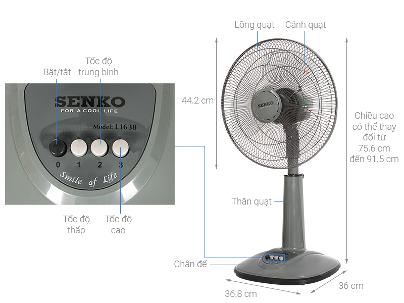 Quạt đứng lỡ Senko L-1638 chính hãng