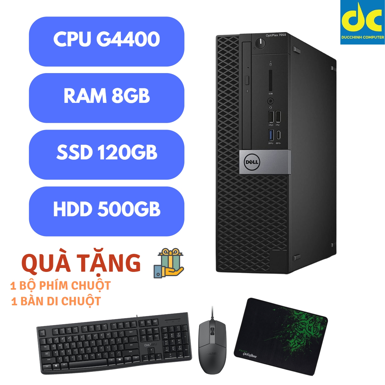 Máy Tính Dell Optiplex 7050 SFF, Chip G4400, Ram 8GB, SSD 120GB, HDD 500GB, DVD