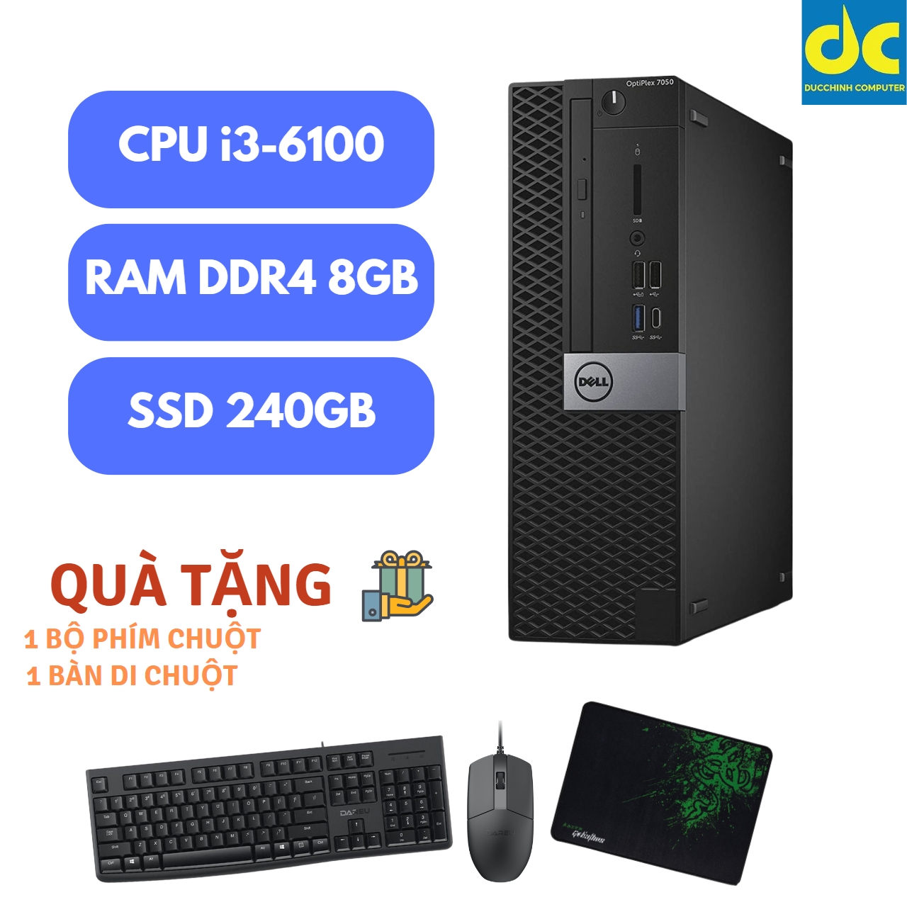 Máy Tính Dell Optiplex 7050 SFF, Chip i3-6100, Ram 8GB, SSD 240GB, DVD