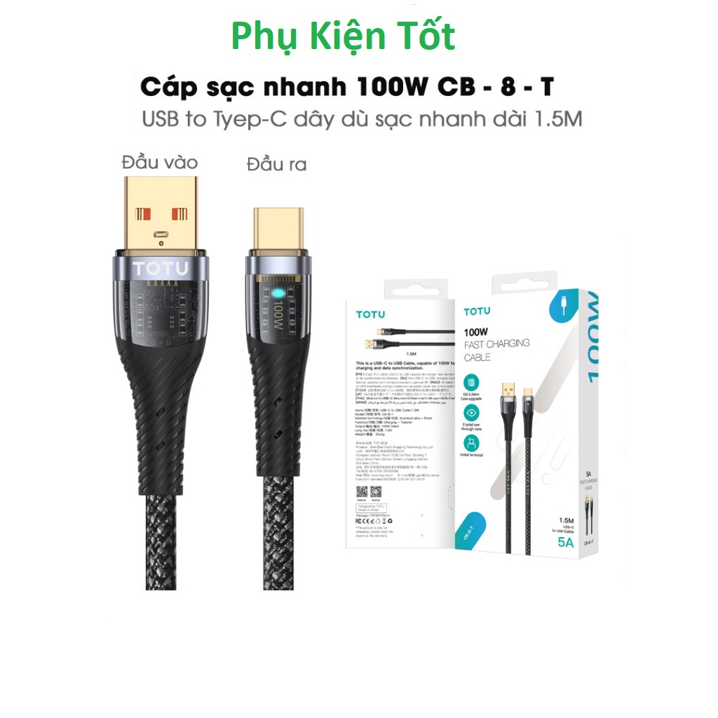 Cáp Sạc Nhanh USB To Type-C TOTU CB-8-T 100W
