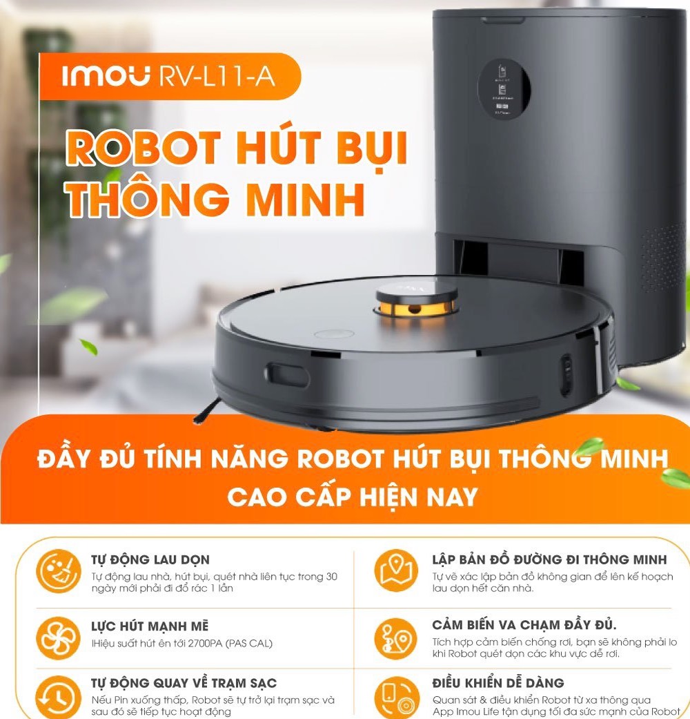 ROBOT HÚT BỤI THÔNG MINH IMOU VACUUM CLEANER RV-L11-A - LỰC HUT 2700PA, TỰ ĐỘNG ĐI ĐỔ RÁC
