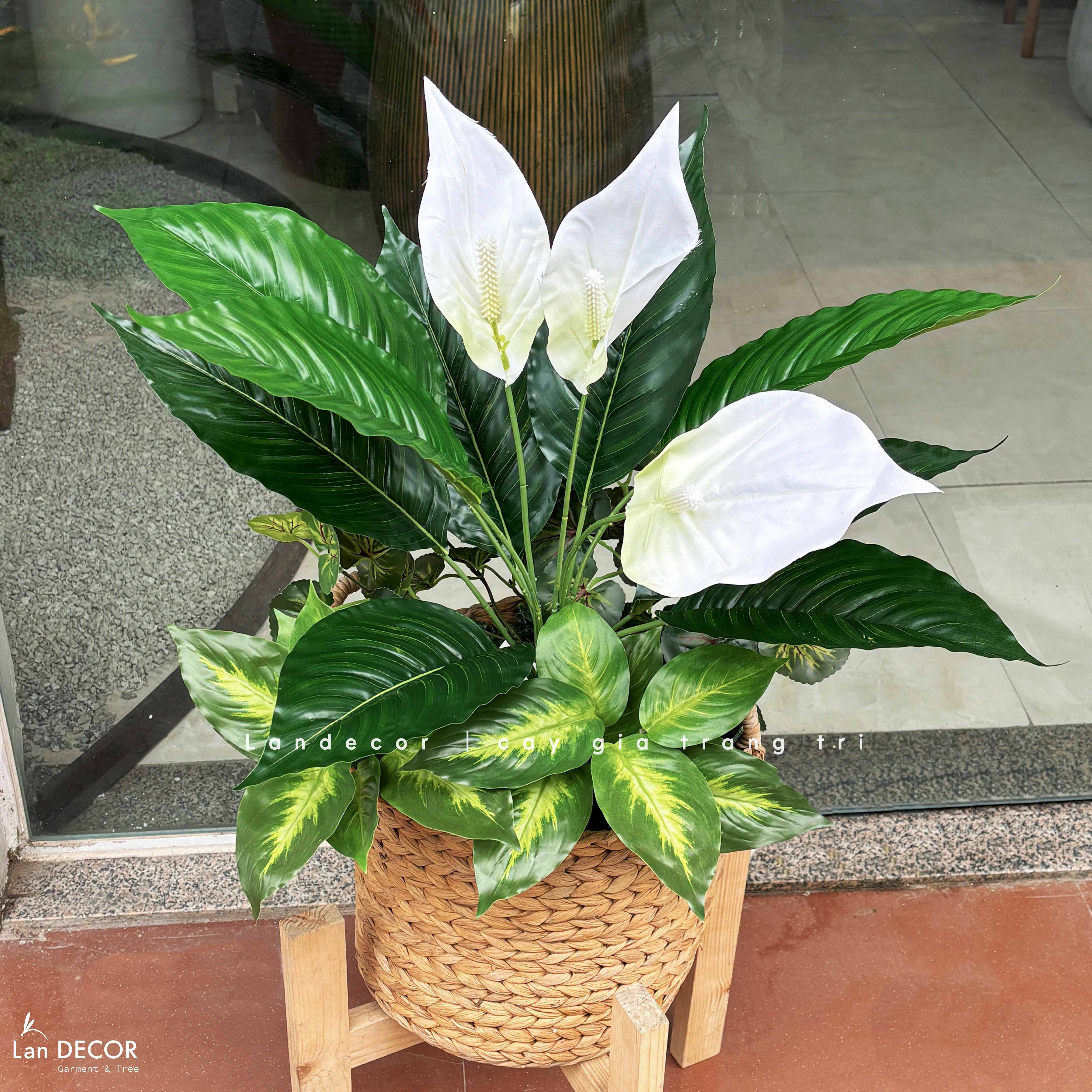 Giỏ Hoa Decor - Giỏ Hoa Lan Ý Trắng Trang Trí Nội Thất Hiện Đại (65CM)- CC1349