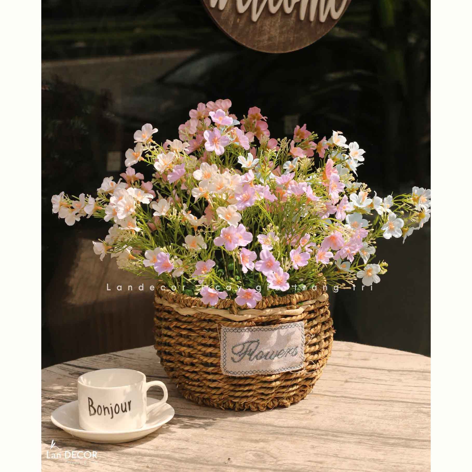 Giỏ Hoa Giả- Giỏ Hoa Dạ Yến Thảo Giả Decor Bàn Trà Vintage (40cm)- CC1458