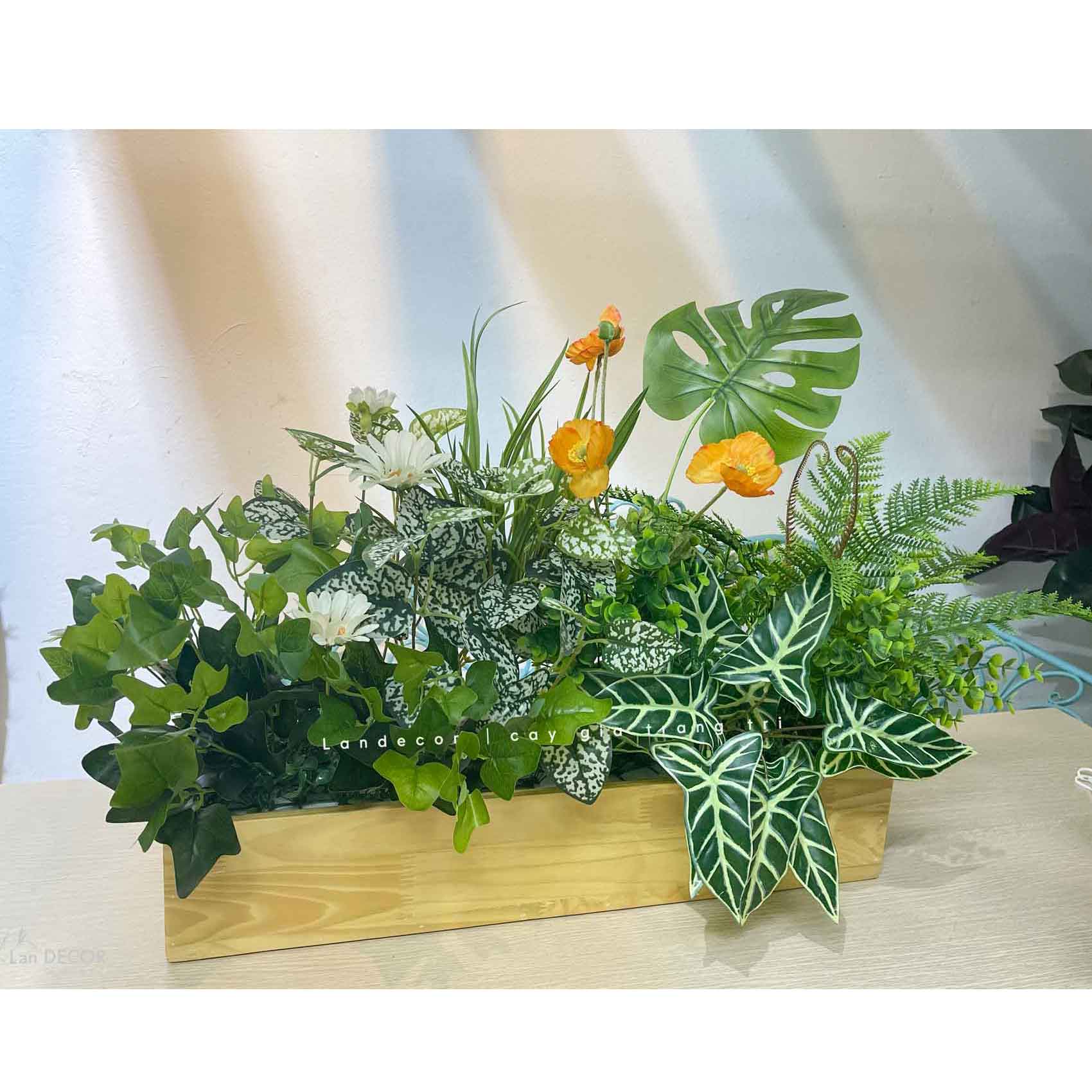 Bồn Cây Tiểu Cảnh- Bồn Cây Hoa Lá Giả Thiết Kế Lan Decor, Trang Trí Văn Phòng Xanh Mát (90X50X50cm)- BC205