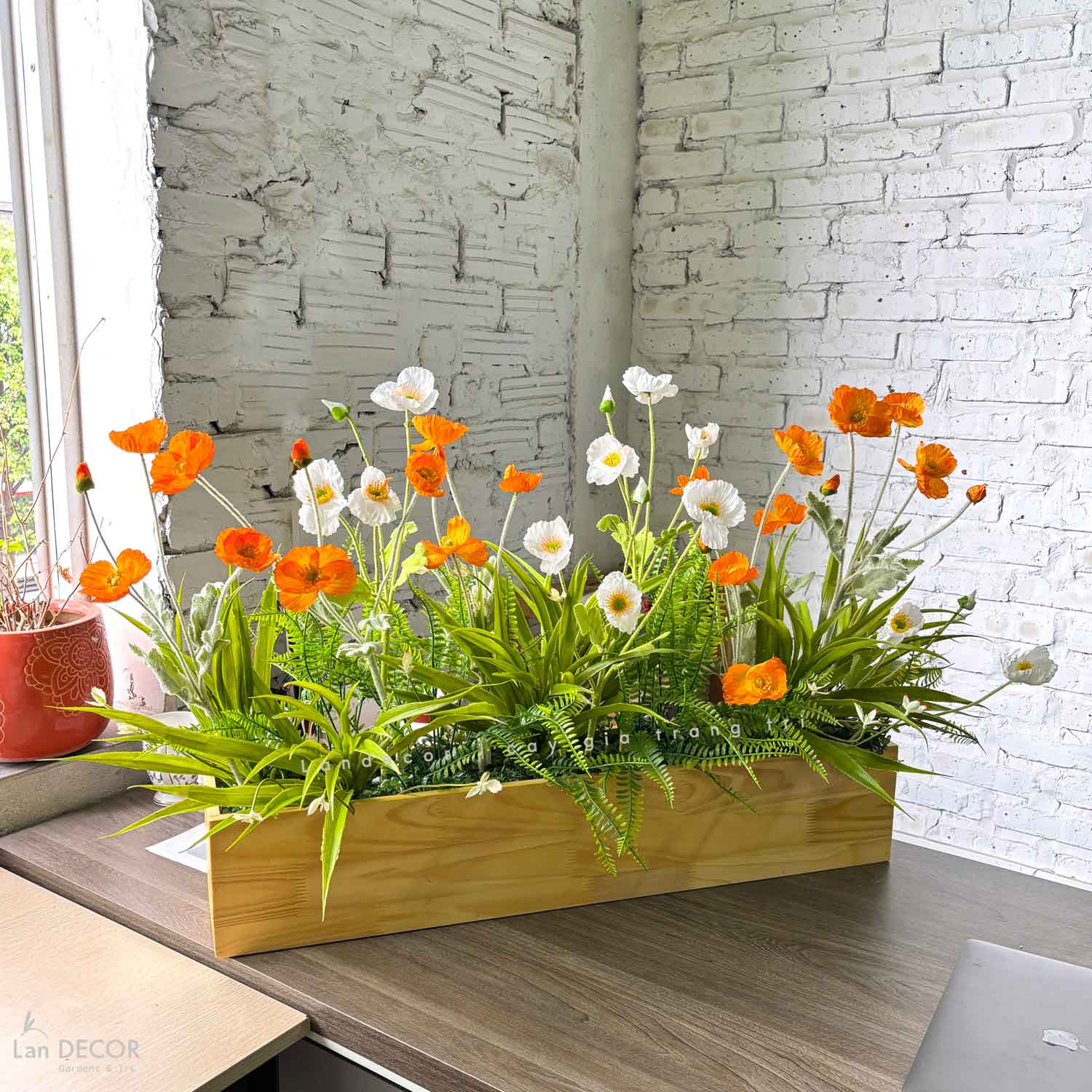 Bồn Hoa Giả Decor- Bồn Hoa Anh Túc Trang Trí Quán Cafe (110X30X60cm)- BC171