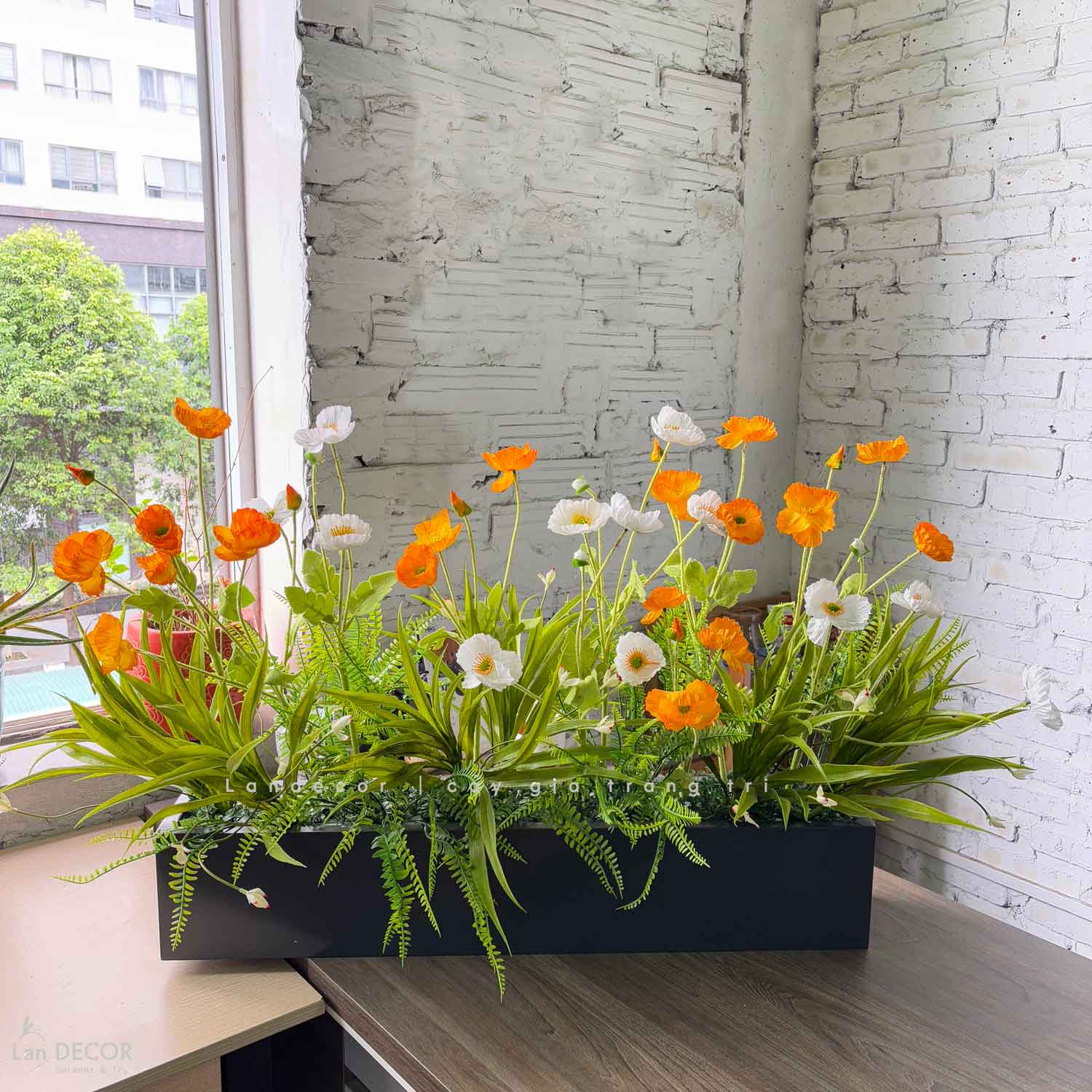 Bồn Hoa Giả Decor- Bồn Hoa Anh Túc Trang Trí Quán Cafe (110X30X60cm)- BC171