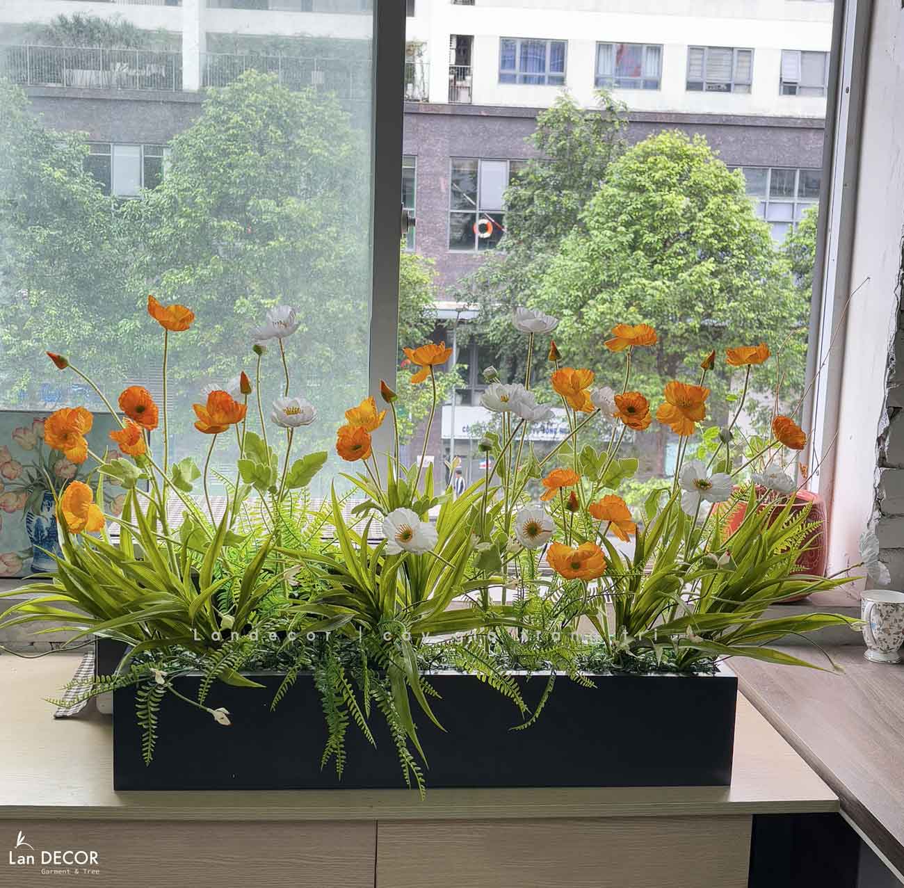 Bồn Hoa Giả Decor- Bồn Hoa Anh Túc Trang Trí Quán Cafe (110X30X60cm)- BC171