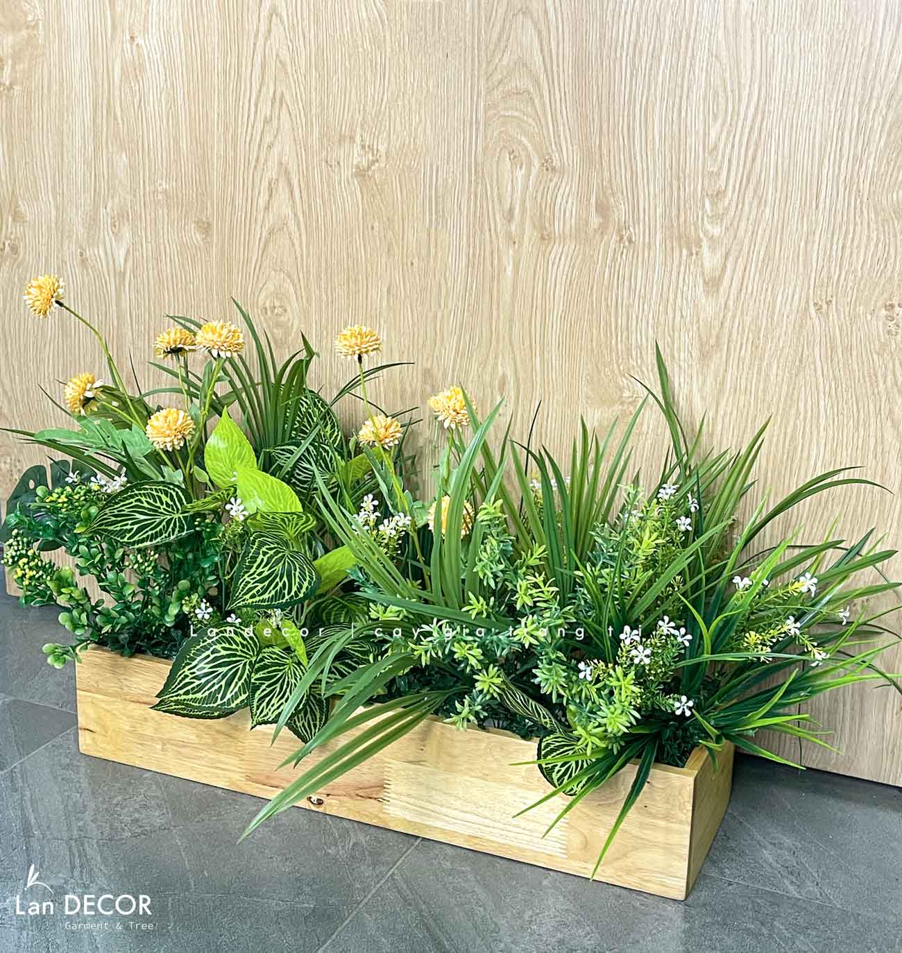 Tiểu Cảnh Giả Trang Trí- Bồn Hoa Cúc Bất Tử Decor Không Gian Tươi Mới (90X50X48CM)- BC180