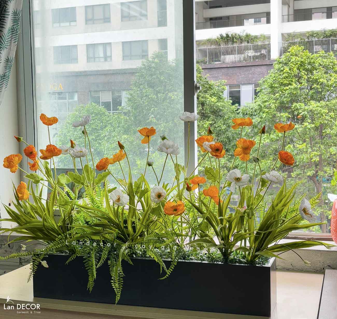 Bồn Hoa Giả Decor- Bồn Hoa Anh Túc Trang Trí Quán Cafe (110X30X60cm)- BC171