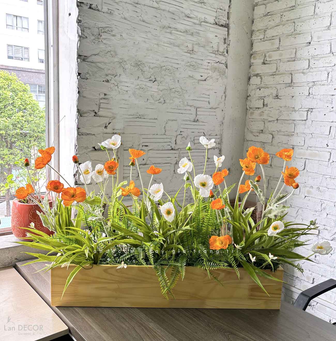 Bồn Hoa Giả Decor- Bồn Hoa Anh Túc Trang Trí Quán Cafe (110X30X60cm)- BC171