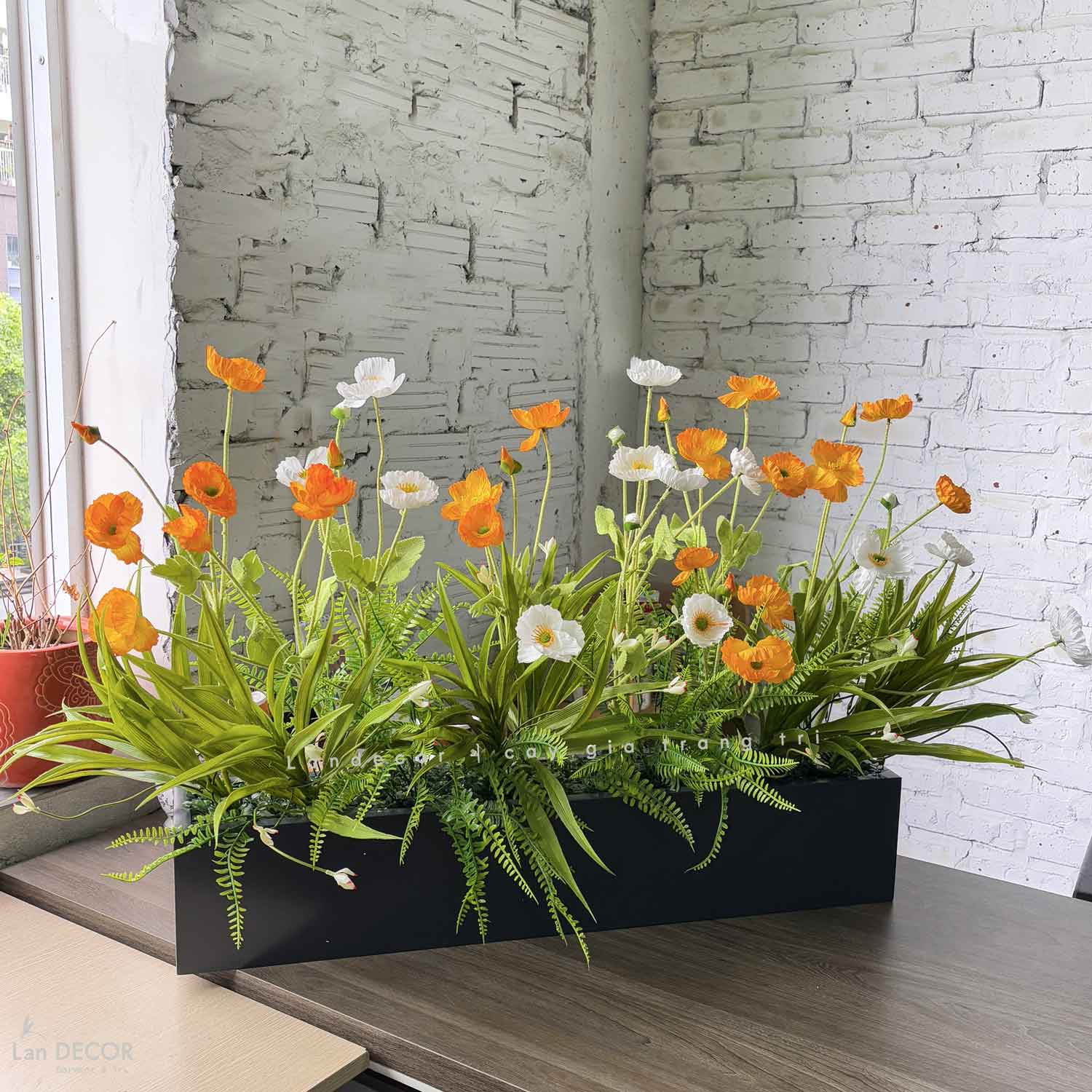 Bồn Hoa Giả Decor- Bồn Hoa Anh Túc Trang Trí Quán Cafe (110X30X60cm)- BC171