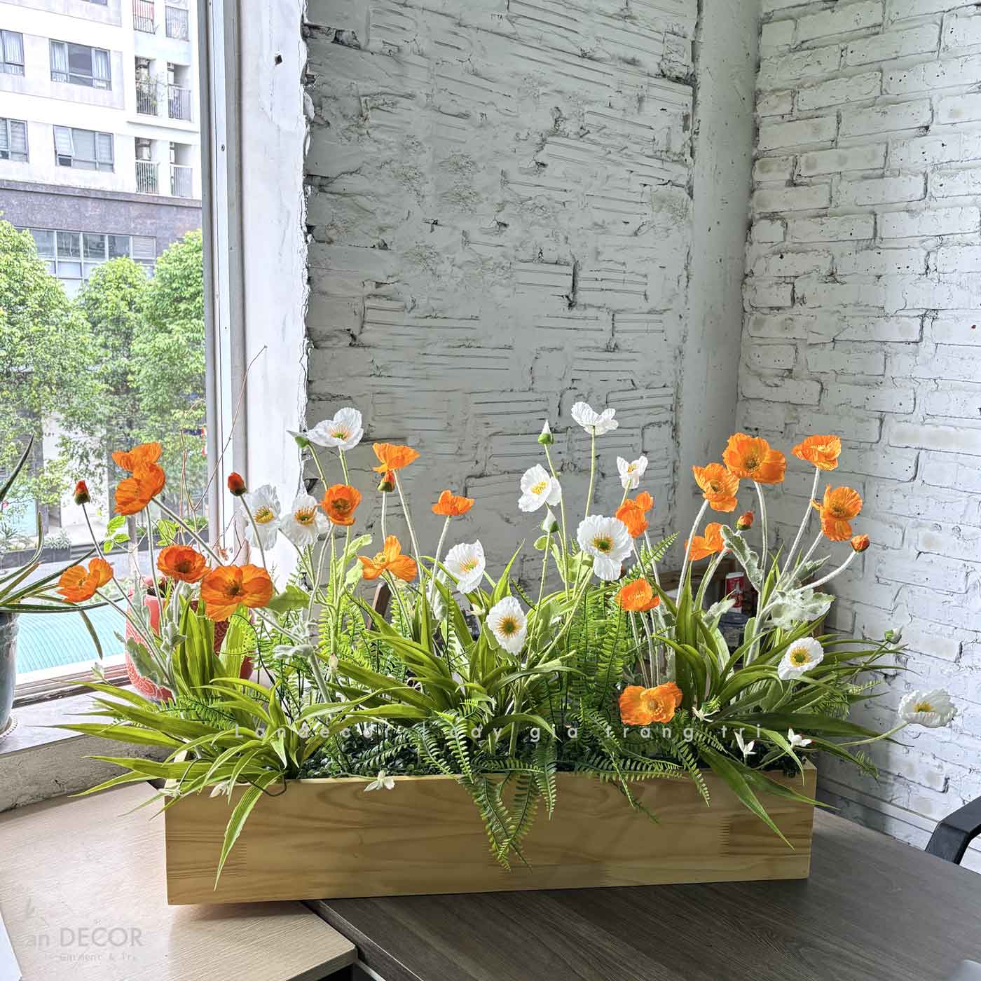 Bồn Hoa Giả Decor- Bồn Hoa Anh Túc Trang Trí Quán Cafe (110X30X60cm)- BC171