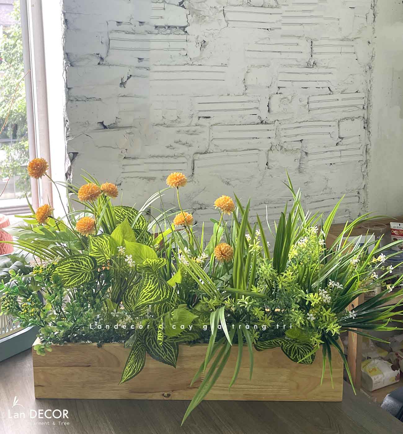 Tiểu Cảnh Giả Trang Trí- Bồn Hoa Cúc Bất Tử Decor Không Gian Tươi Mới (90X50X48CM)- BC180