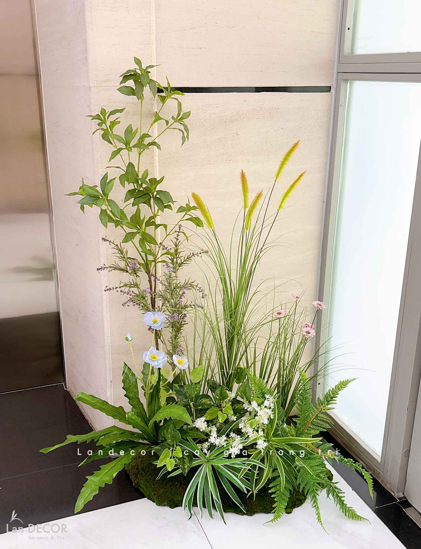 Bồn Rêu Thiết Kế- Bồn Rêu Hoa Tiểu Cảnh Trang Trí Sảnh Chung Cư, Điểm Nhấn Không Gian (90x40x130cm)- RC083