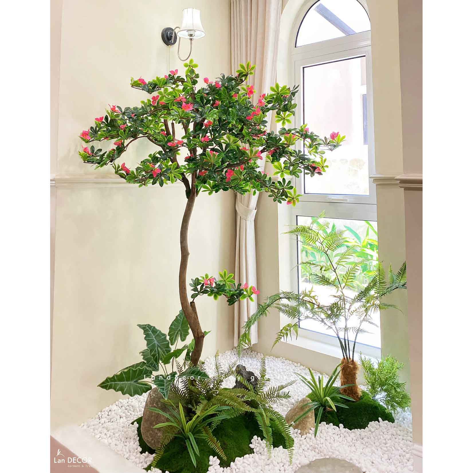 Tiểu Cảnh Cây Giả- Thiết Kế Tiểu Cảnh Cây Đỗ Quyên Giả Decor Phòng Khách Căn Hộ Độc Đáo (135X145X220cm)- RC094