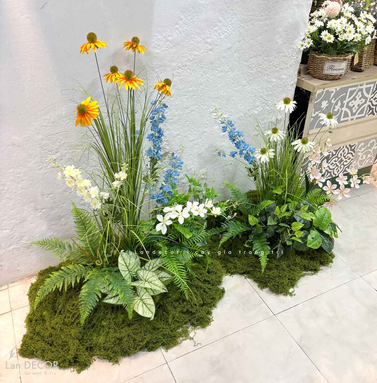 Bồn Rêu Hoa Giả Tiểu Cảnh- Bồn Hoa Giả Decor Phòng Khách, Văn Phòng Xanh Mát (140x60x120cm)- RC079