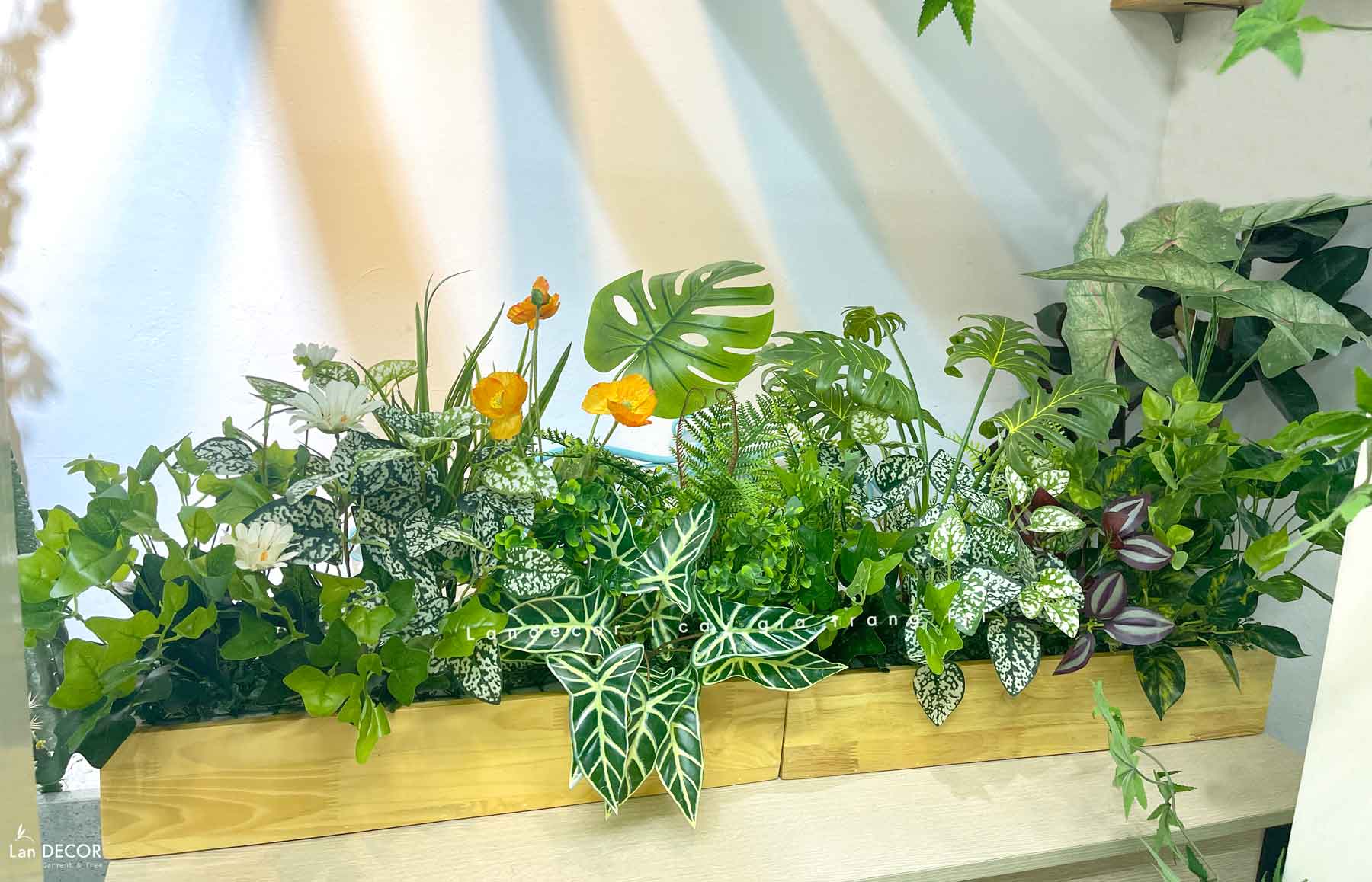 Bồn Cây Tiểu Cảnh- Bồn Cây Hoa Lá Giả Thiết Kế Lan Decor, Trang Trí Văn Phòng Xanh Mát (90X50X50cm)- BC205