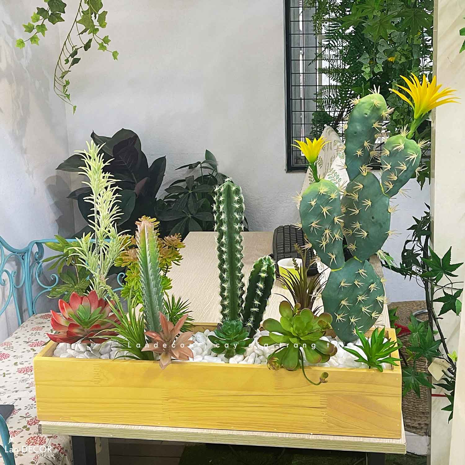 Xương Rồng Giả- Bồn Xương Rồng Giả Để Bàn Thiết Kế Trang Trí Cửa Hiệu (60x20x60cm)- BC236