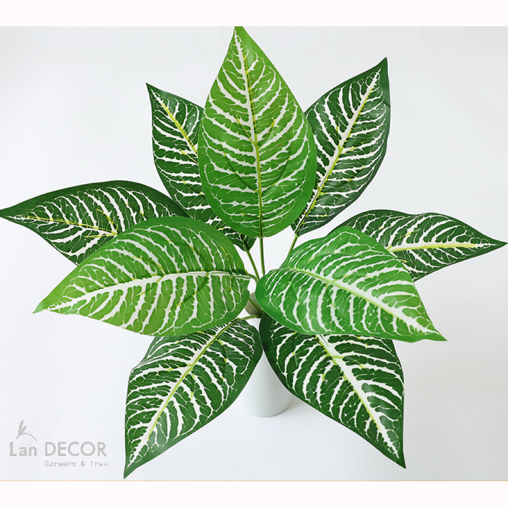 Cành Lá Giả - Cành Lá Xanh Gân Trắng Mix Bồn Tiểu Cảnh Độc Đáo (35cm)- HC1477