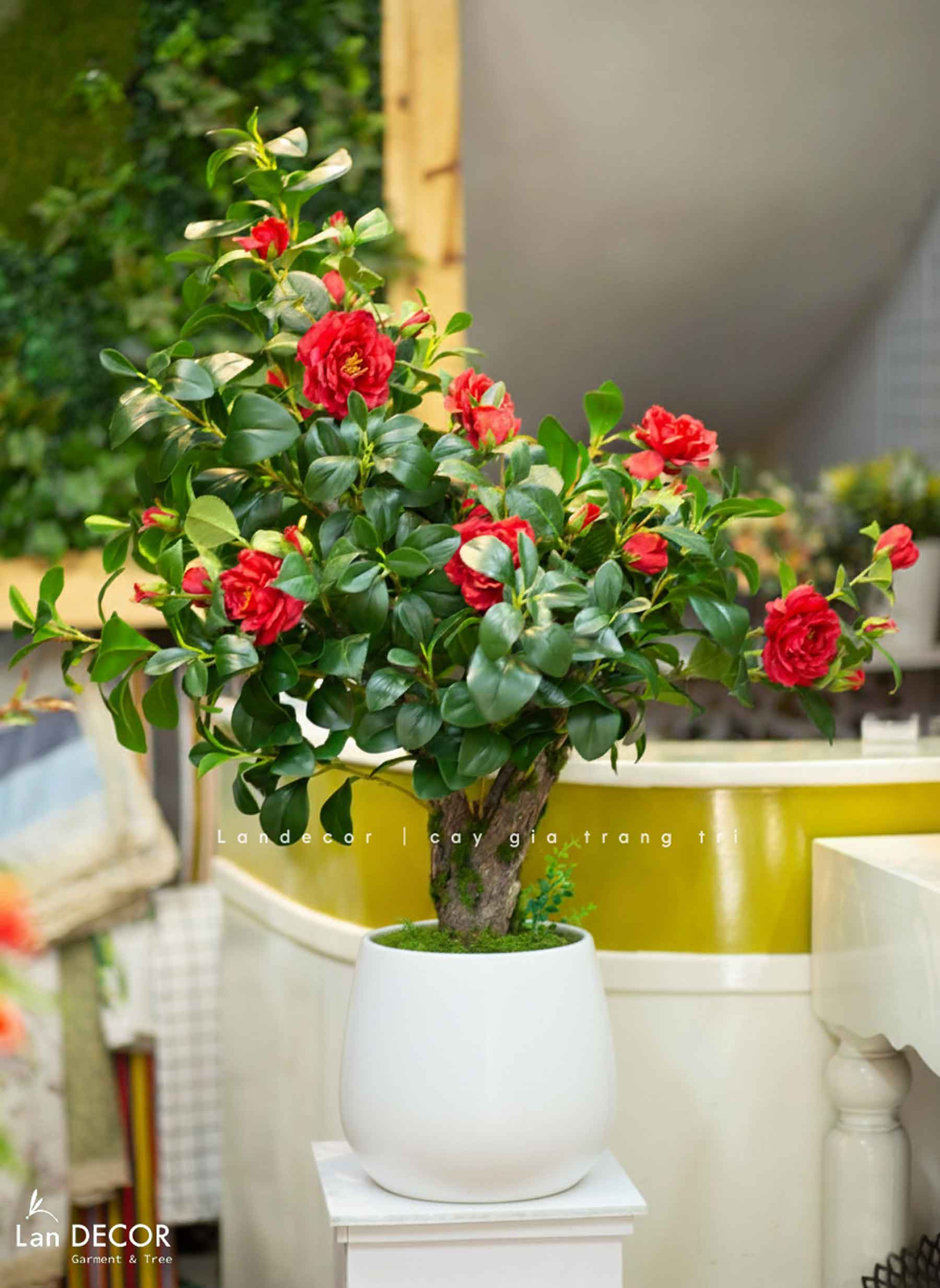 Cây Hoa Decor- Cây Hoa Trà Giả Thiết Kế Căn Hộ, Trang Trí Tinh Tế, Màu Sắc Ấm Cúng (80cm)- CC1233