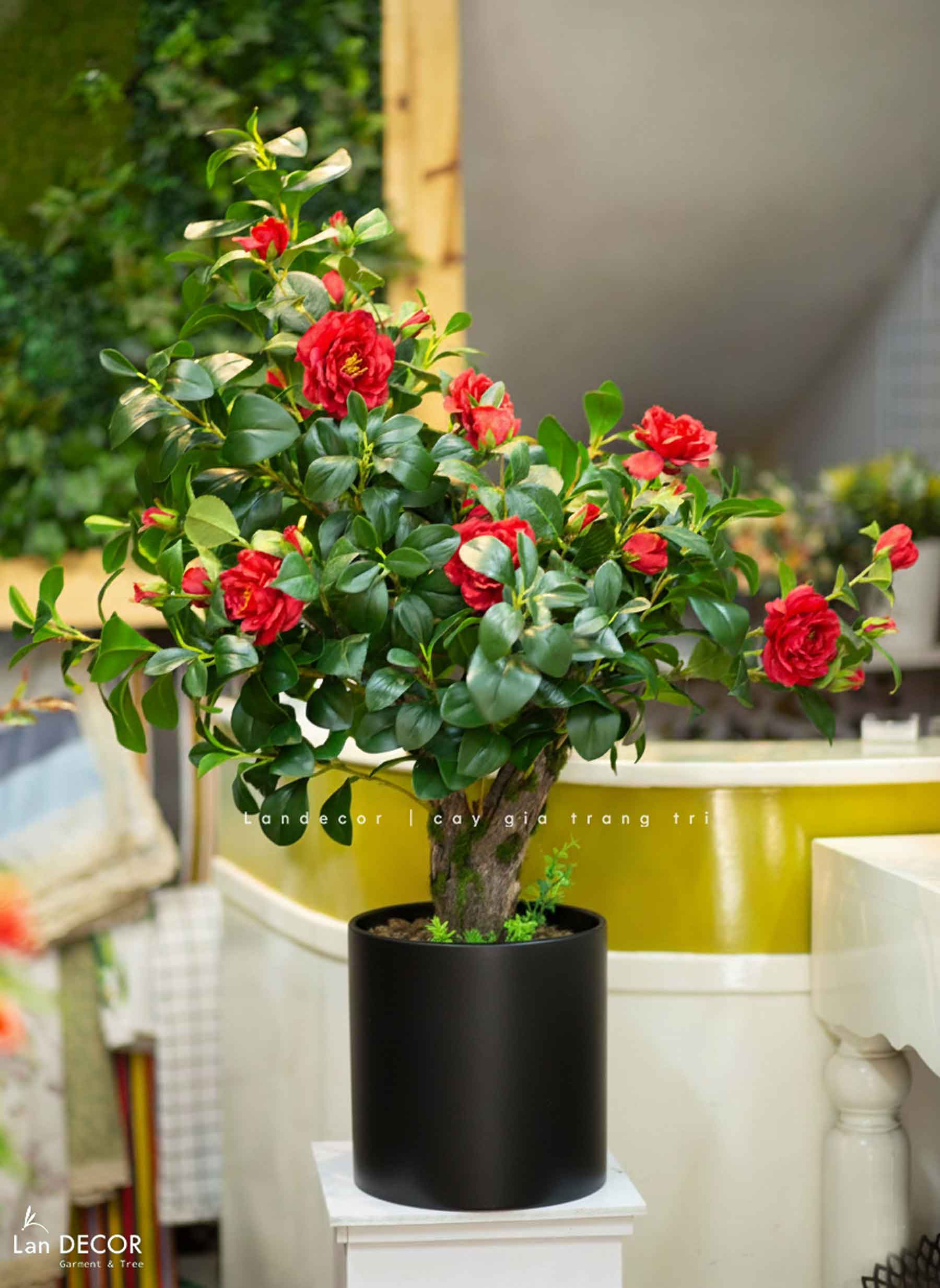 Cây Hoa Decor- Cây Hoa Trà Giả Thiết Kế Căn Hộ, Trang Trí Tinh Tế, Màu Sắc Ấm Cúng (80cm)- CC1233