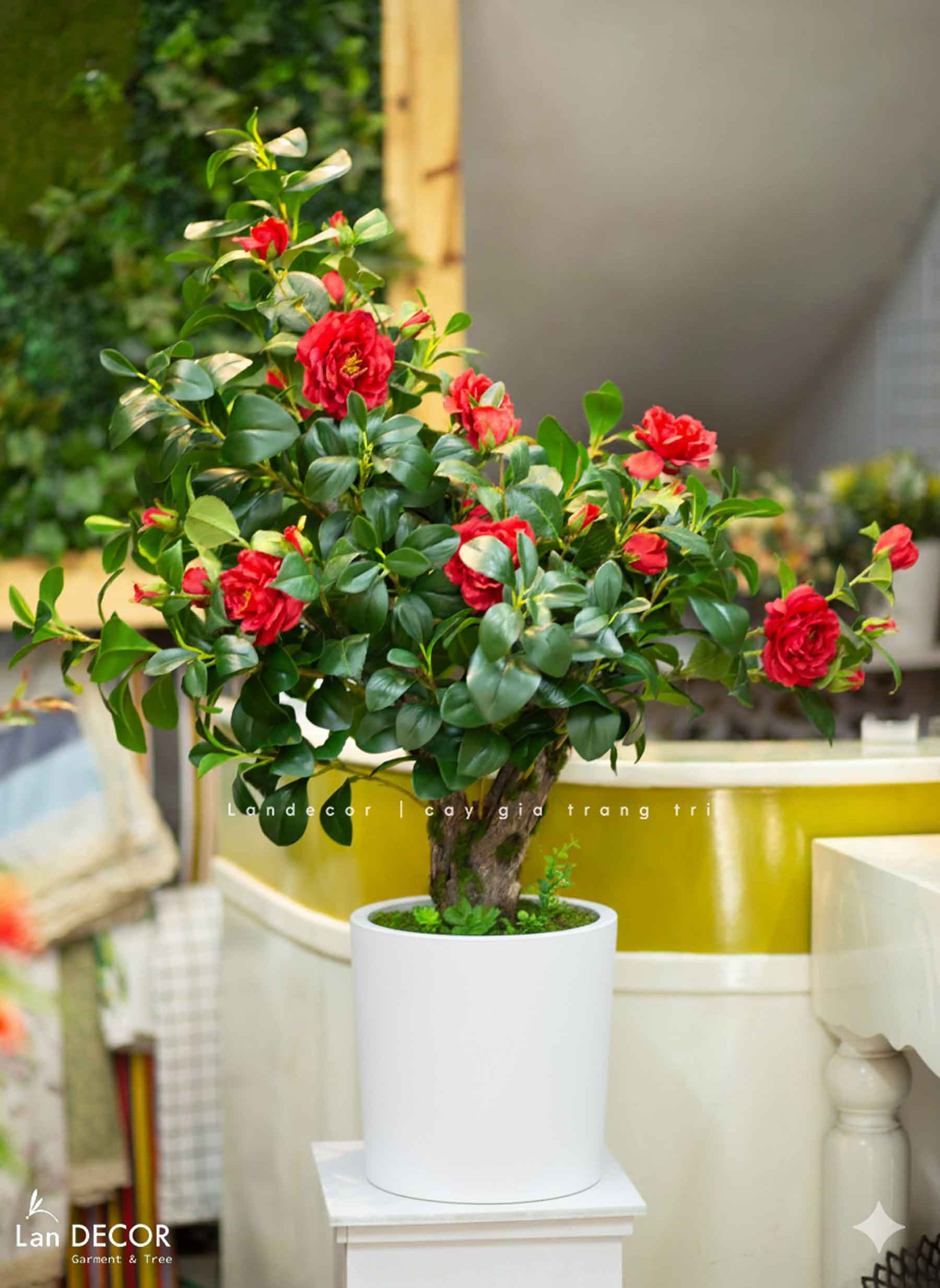 Cây Hoa Decor- Cây Hoa Trà Giả Thiết Kế Căn Hộ, Trang Trí Tinh Tế, Màu Sắc Ấm Cúng (80cm)- CC1233