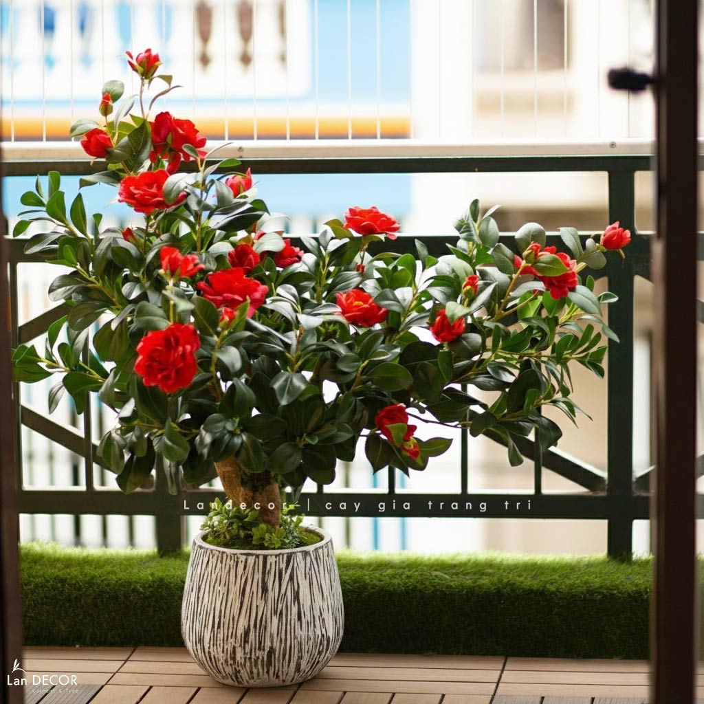 Cây Trà Giả Trang Trí- Cây Hoa Trà Đỏ Thiết Kế Lan Decor, Trang Trí Không Gian Sang Trọng (90cm)- CC1234
