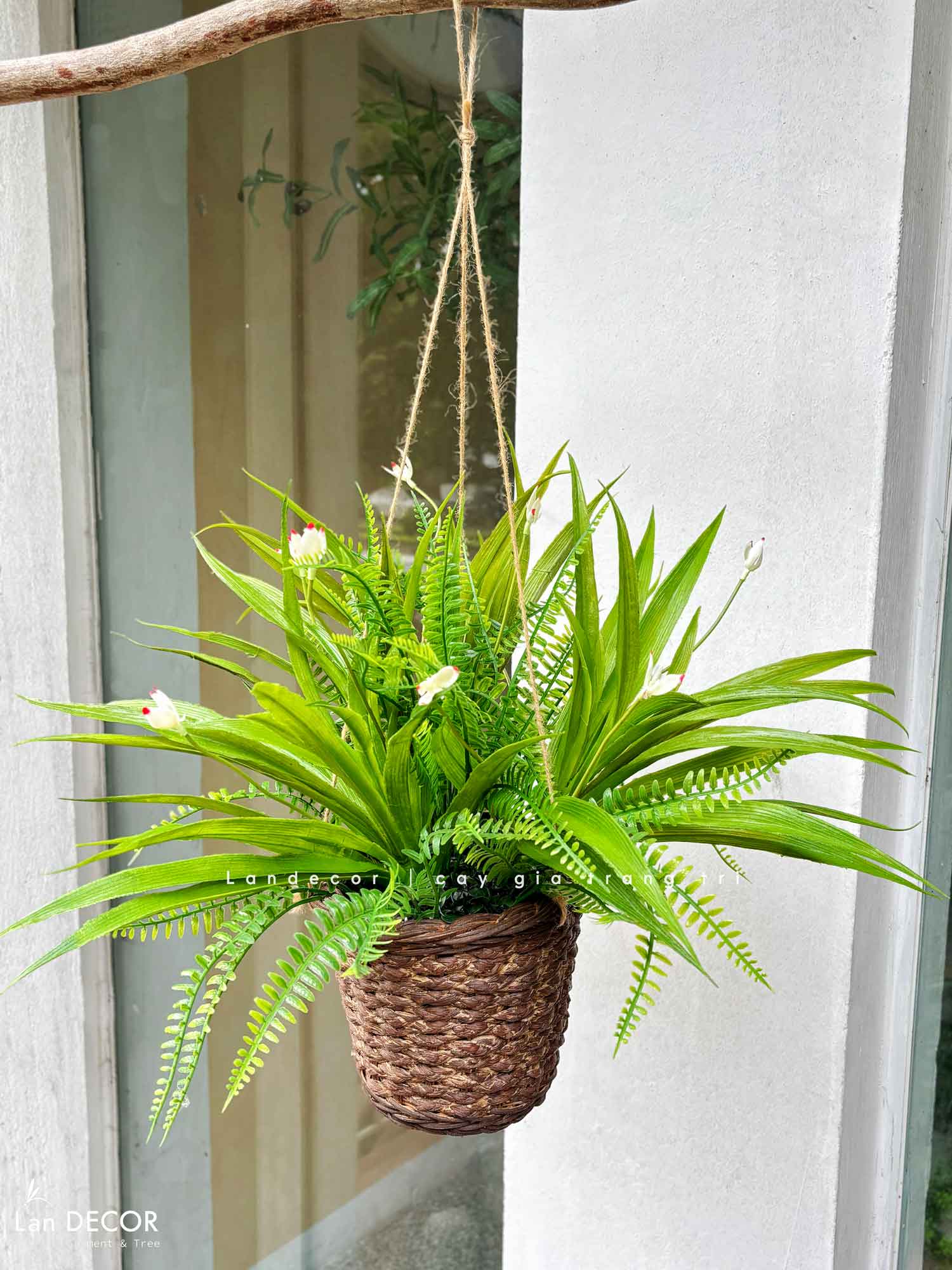 Giỏ Cây Treo Tường - Giỏ Lan Trắng Giả Trang Trí Tiểu Cảnh Xanh (45cm)- CC1313