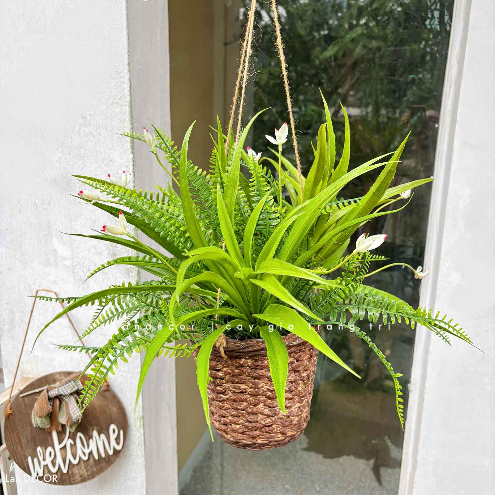 Giỏ Cây Treo Tường - Giỏ Lan Trắng Giả Trang Trí Tiểu Cảnh Xanh (45cm)- CC1313