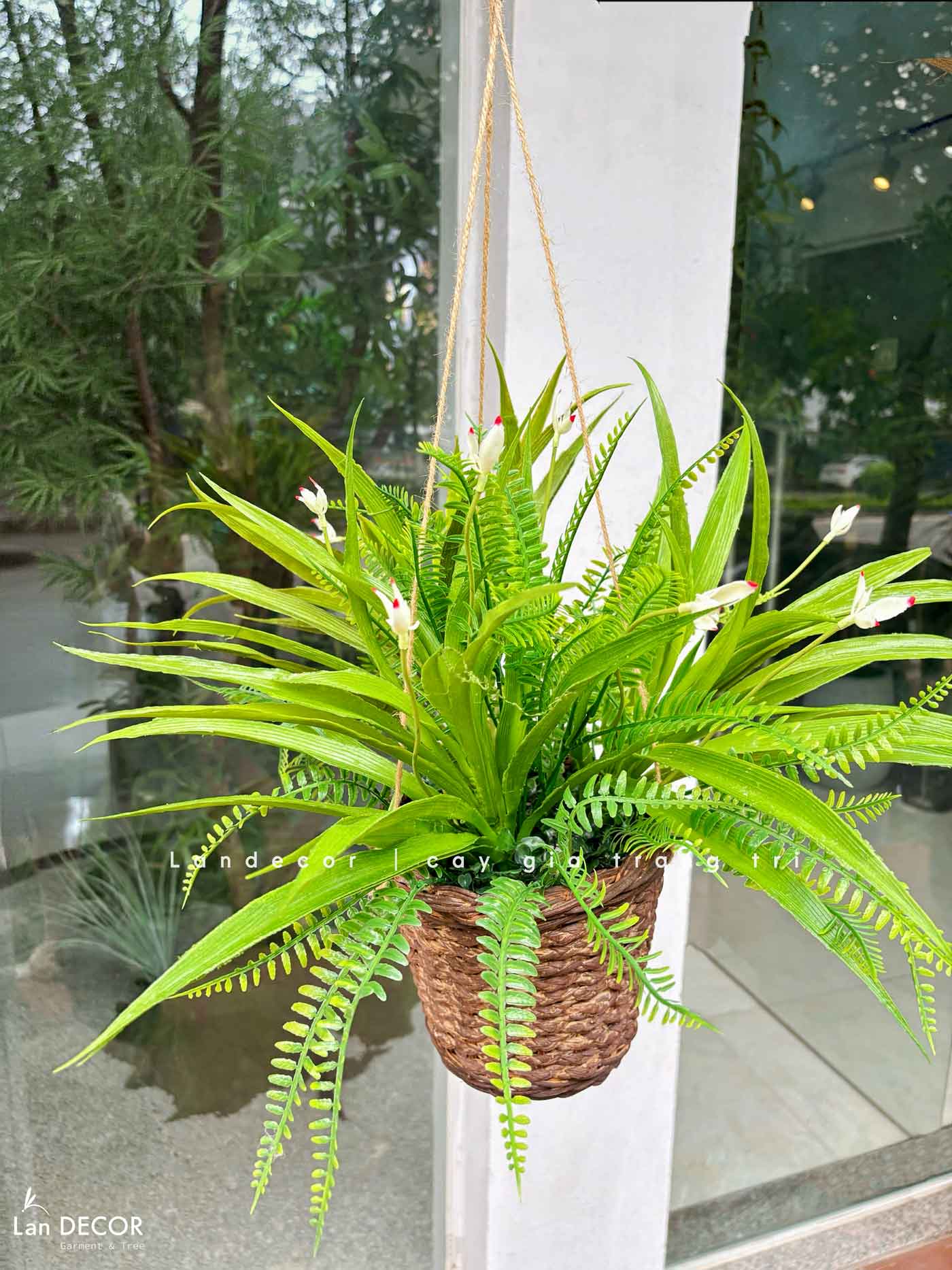 Giỏ Cây Treo Tường - Giỏ Lan Trắng Giả Trang Trí Tiểu Cảnh Xanh (45cm)- CC1313