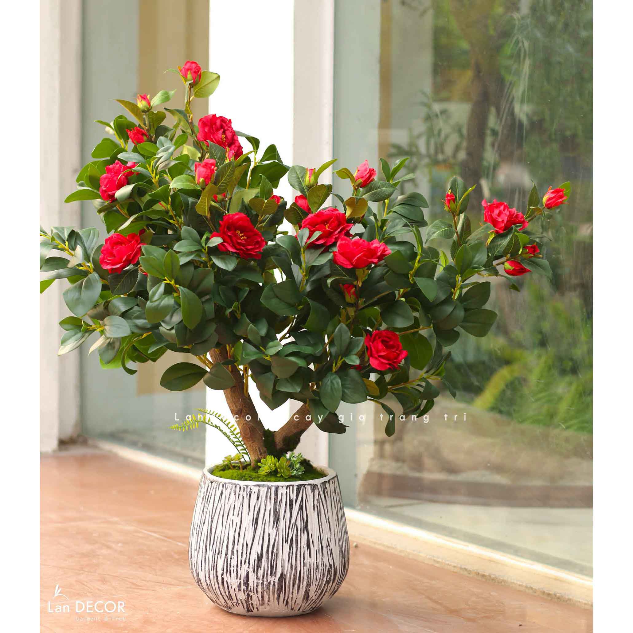 Cây Trà Giả Trang Trí- Cây Hoa Trà Đỏ Thiết Kế Lan Decor, Trang Trí Không Gian Sang Trọng (90cm)- CC1234