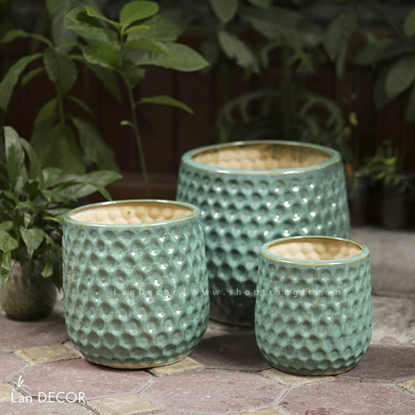 Chậu gốm sứ trồng cây xanh ngọc họa tiết tổ ong - BG494