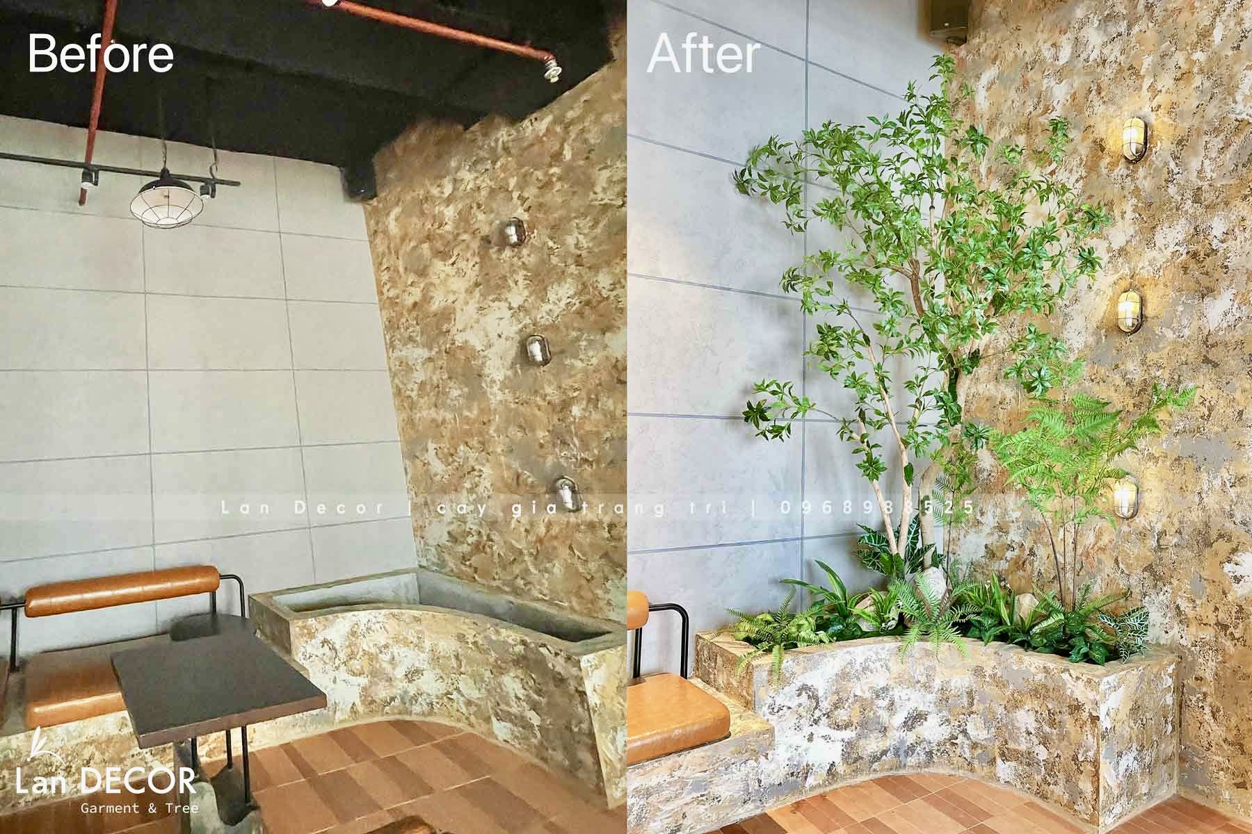 Công trình bồn cây giả- Bồn cây xanh giả trang trí tiểu cảnh cho quán Bean Around Coffee