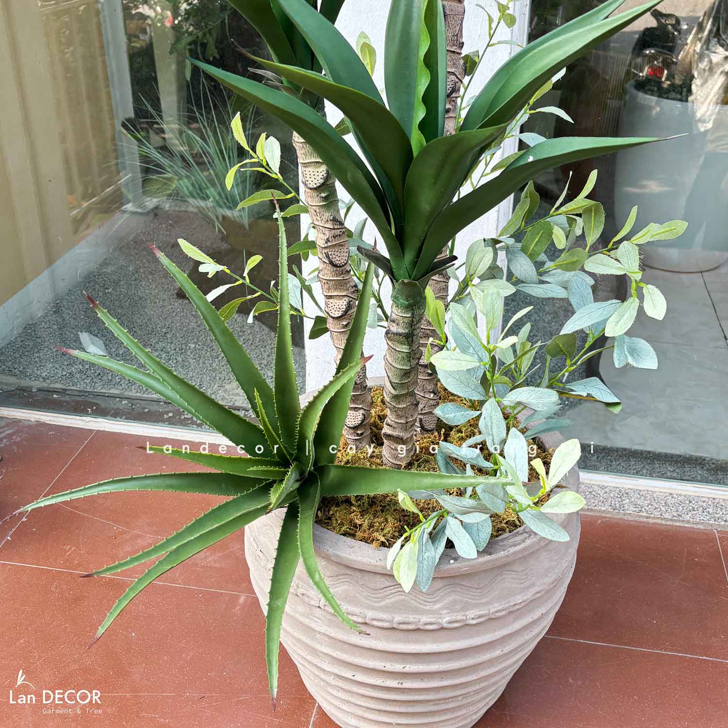 Cây Giả- Cây Yucca Giả Decor Bồn Rêu, Chậu Cây Tiểu Cảnh (16 lá, 45cm)- LC3463