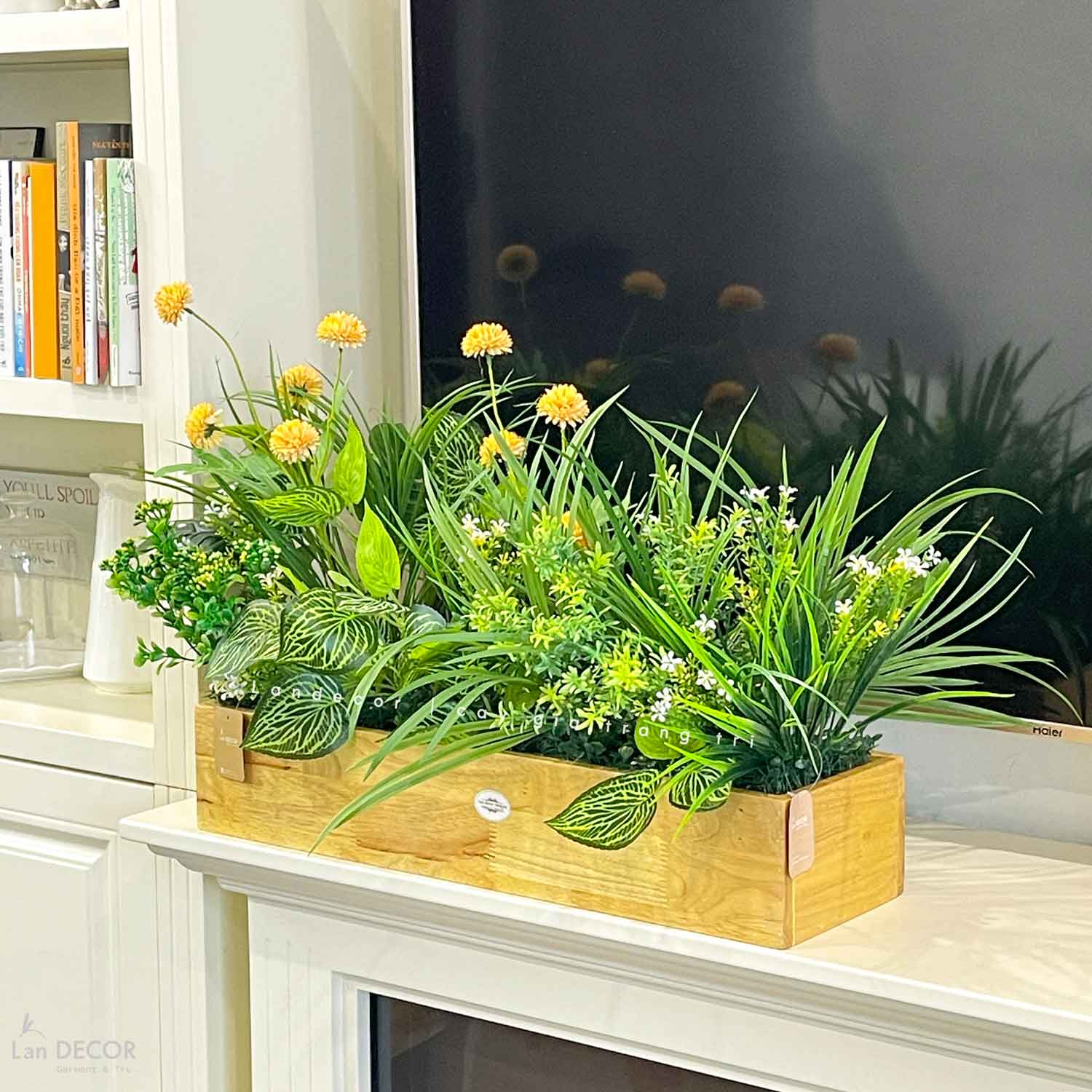 Tiểu Cảnh Giả Trang Trí- Bồn Hoa Cúc Bất Tử Decor Không Gian Tươi Mới (90X50X48CM)- BC180