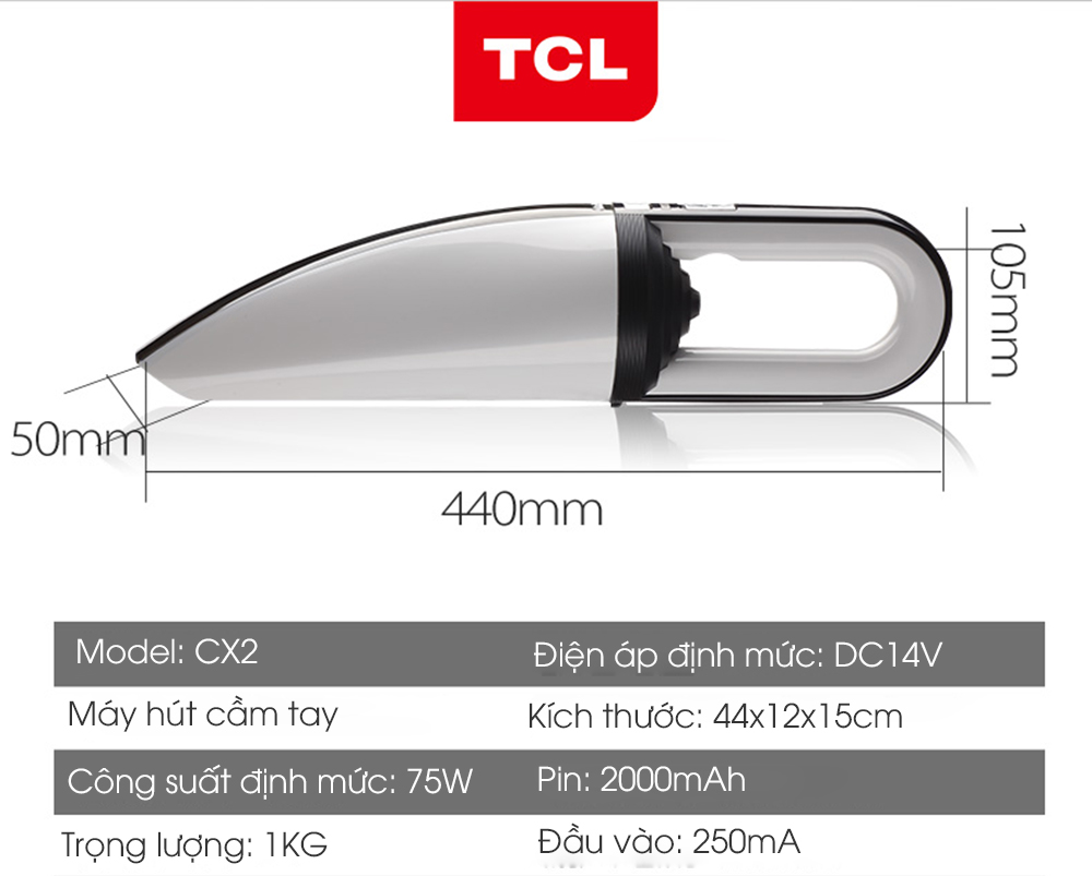 Kích thước của máy hút bụi cầm tay không dây cho xe hơi TCL CX2
