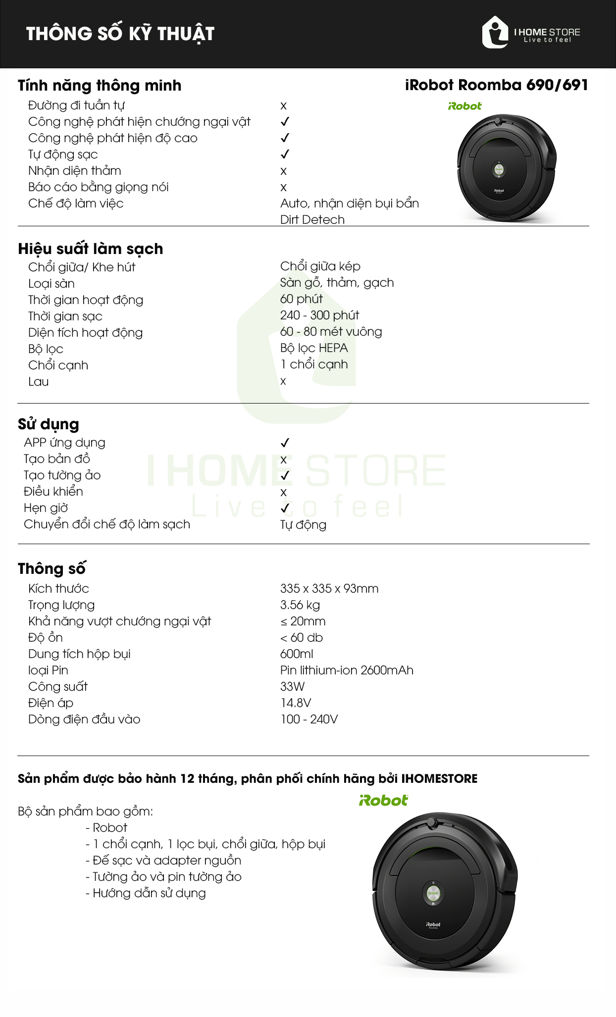 Thông số kỹ thuật iRobot Roomba 690 