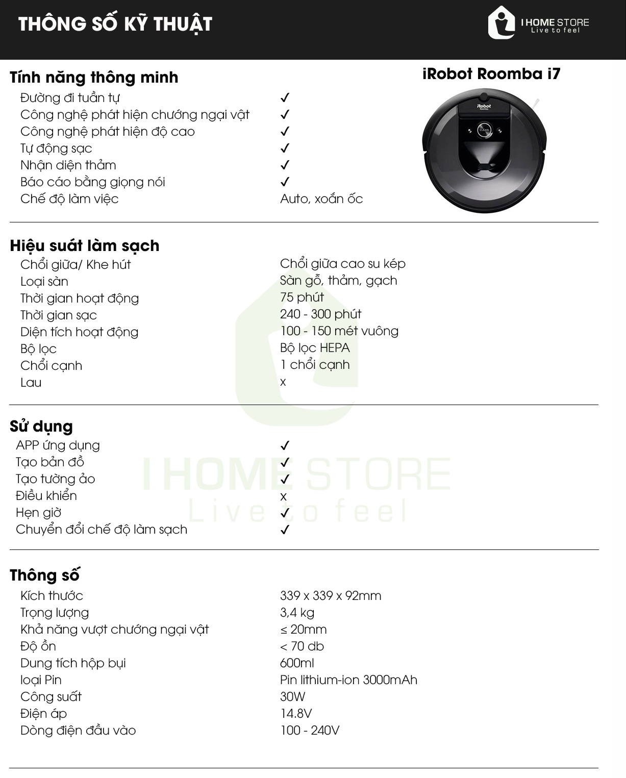 thông số kỹ thuật của iRobot Roomba i7