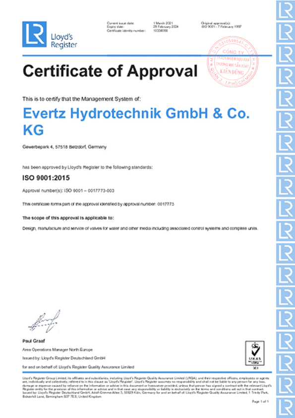 Evertz Hydrotechnik Certificate