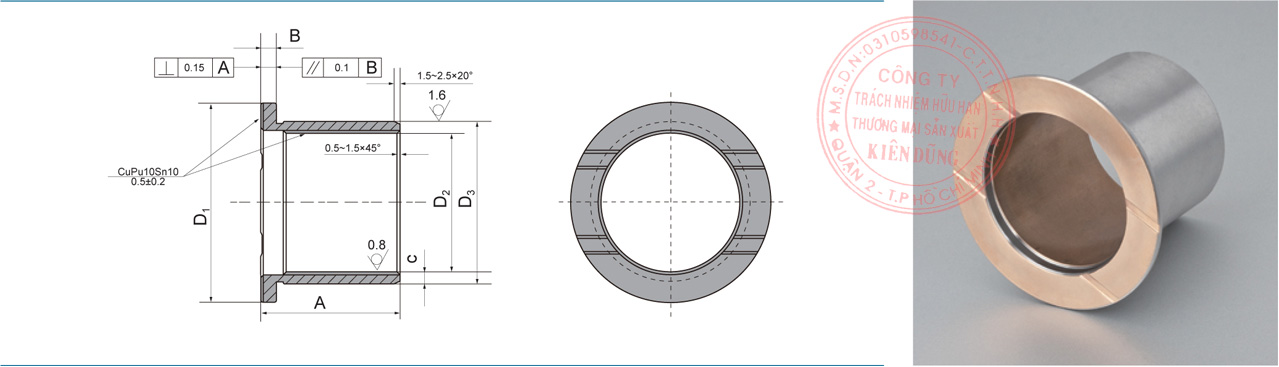 Bảng kích thước tiêu chuẩn JF-800F Bimetal-Wrapped Solid-Lubricating Flanged Bushing