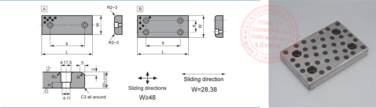 Bảng kích thước tiêu chuẩn CNP-JESW Solid-Self-Lubricating Wear Plates